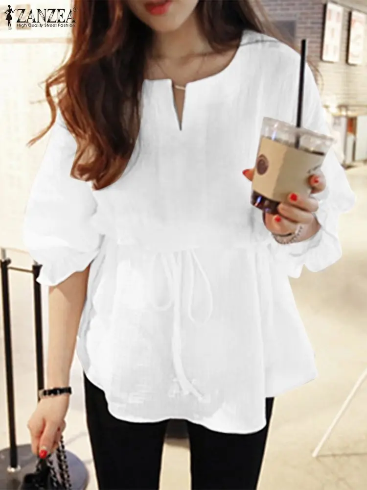 

ZANZEA Women Puff Sleeve Blouses Stylish Solid Tops Drawstring High Waist Blusas Female Casual V Neck Tunic Chemise Oversized