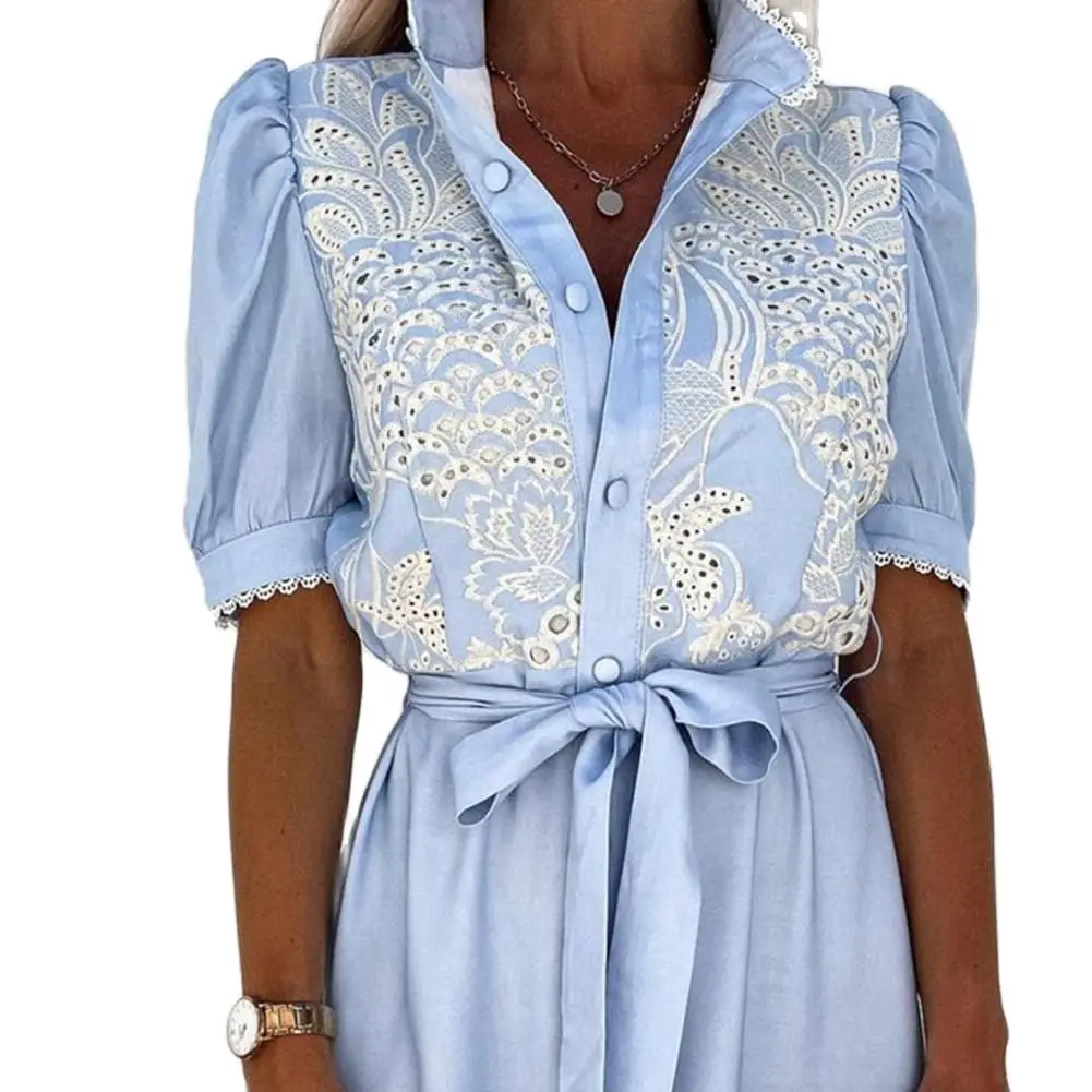 

Vintage Women Dress Elegant Embroidery Stand Collar Short Sleeve Hollow Out Office Shirt Dress Summer