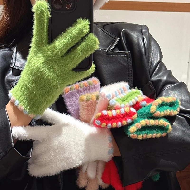 Простые однотонные плюшевые женские велосипедные перчатки с пятью пальцами без