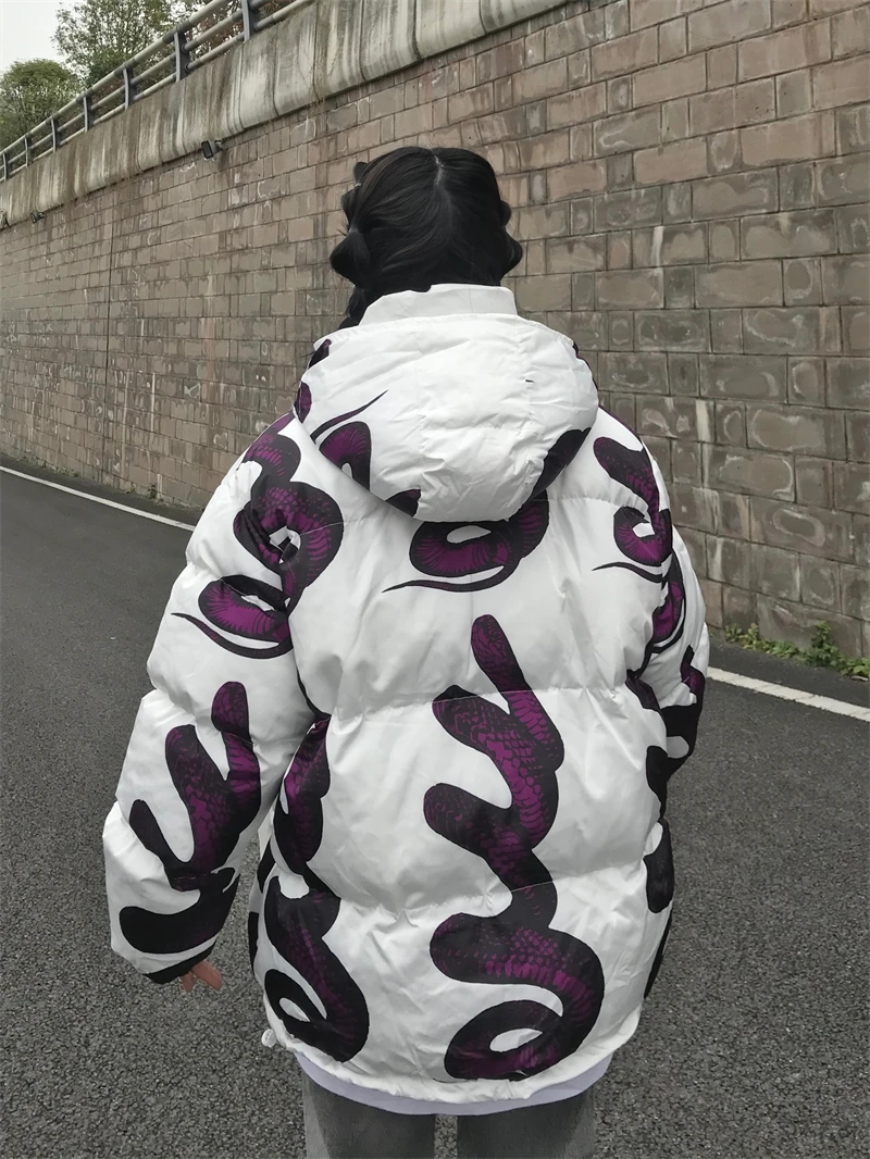 Куртка мужская зимняя со змеиным принтом уличная одежда в стиле панк теплая