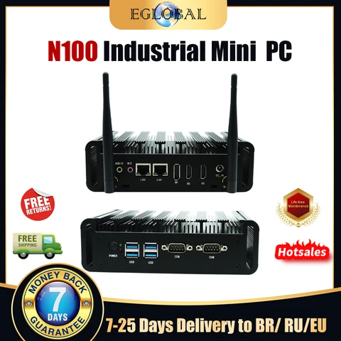 Промышленный мини-ПК Eglobal без вентилятора, компьютер 12-го поколения N100 Win10 Win11 16G DDR4 512G SSD Wifi 2 RJ45 Lan 2 RS232 Com HDMI VGA DP