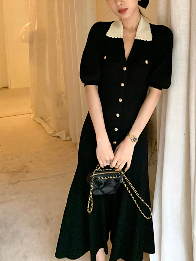 

2022 Spring New Design Women Black Wave Lapel Collar Knitted Midi Dress Shirt Free Shipping High Quality France Paris