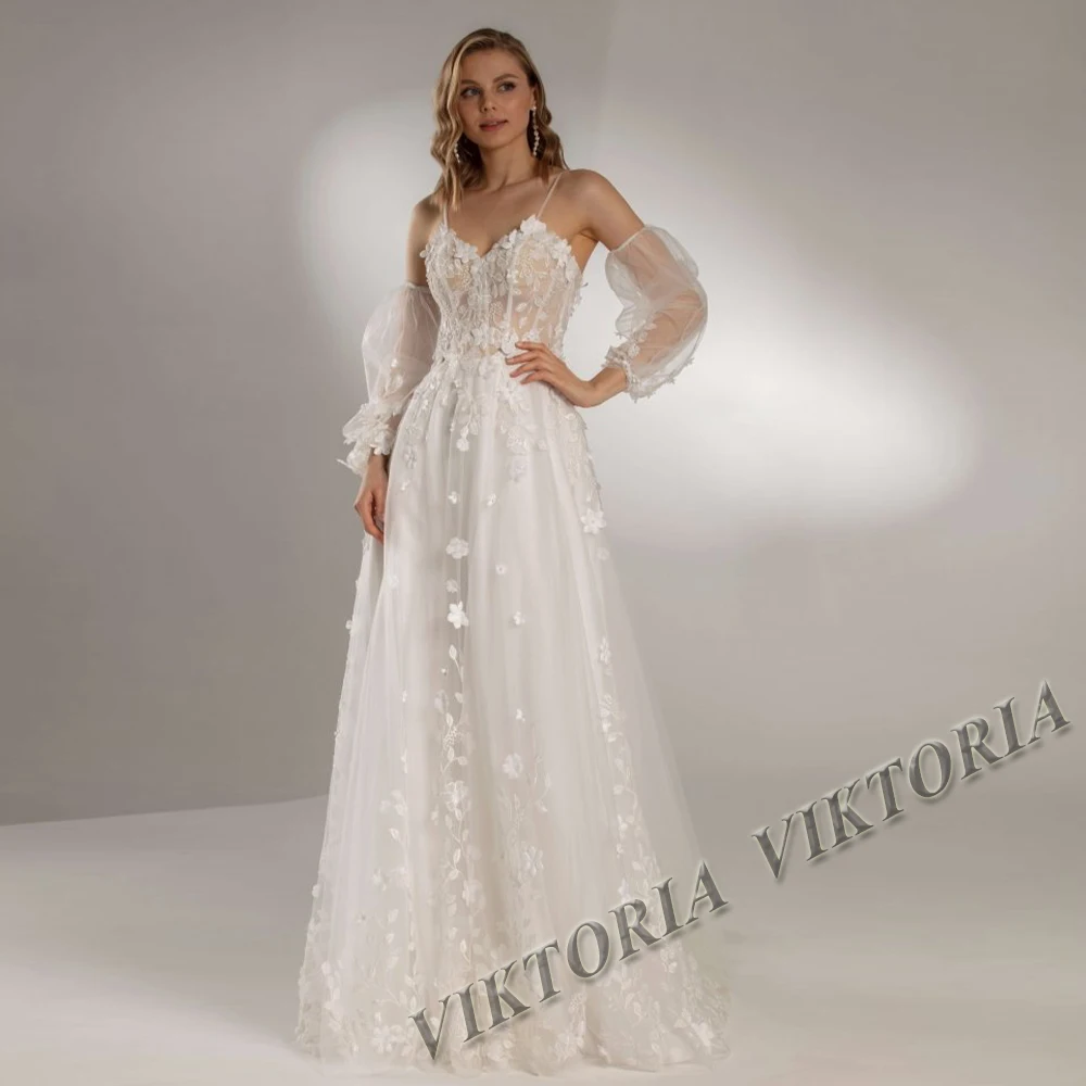 

VIKTORIA Pastrol Wedding Dress For Woman 2024 Bride Puff Sleeves Spaghetti Straps A-LINE Appliques Vestidos De Novia Custom Made