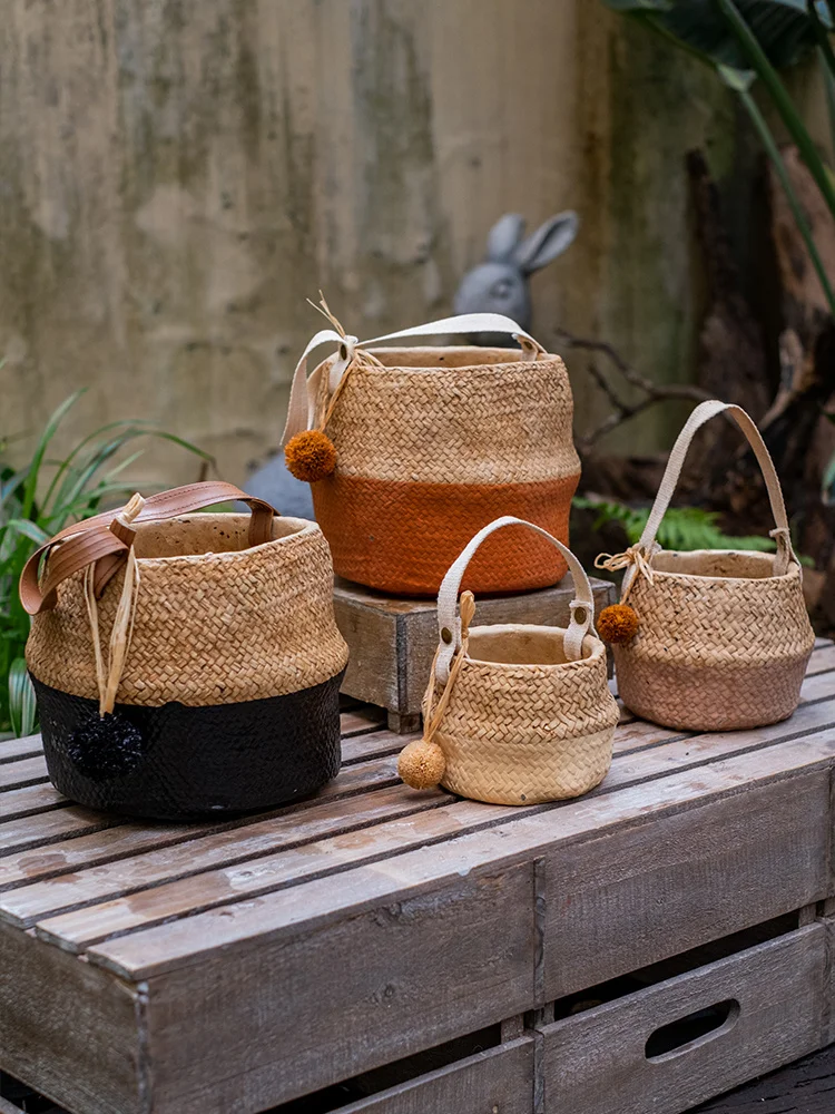 

Straw Effect Cement Cradle and Flower Pot Portable Decoration Candy Color Nordic Wall Hanging Home Living Room Decorations