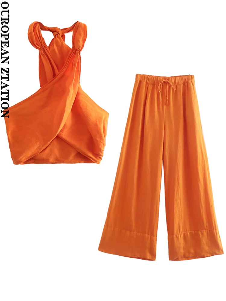 

PAILETE Women 2022 fashion with adjustable ties short linen top or mid-waist front darts palazzo trousers two pieces sets mujer