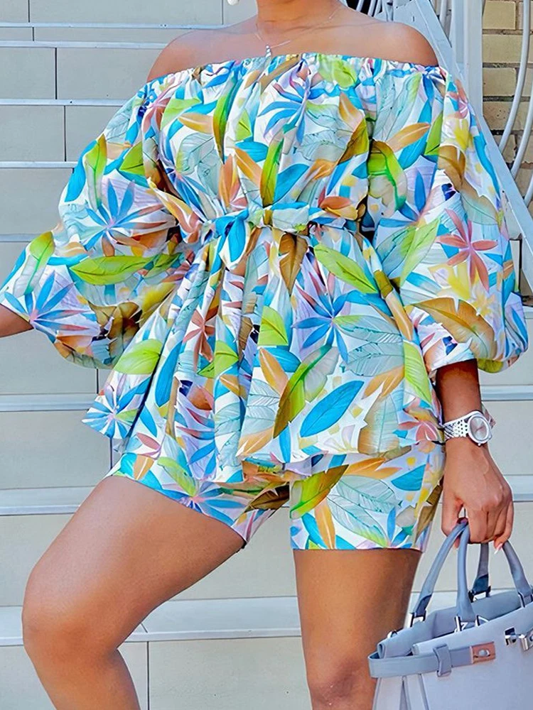 

2022 Autumn Two Piece Sets Womens Leaf Print Off Shoulder Belted Top & Shorts Set Outifits Fashion Tracksuits Casual Elegant Fem