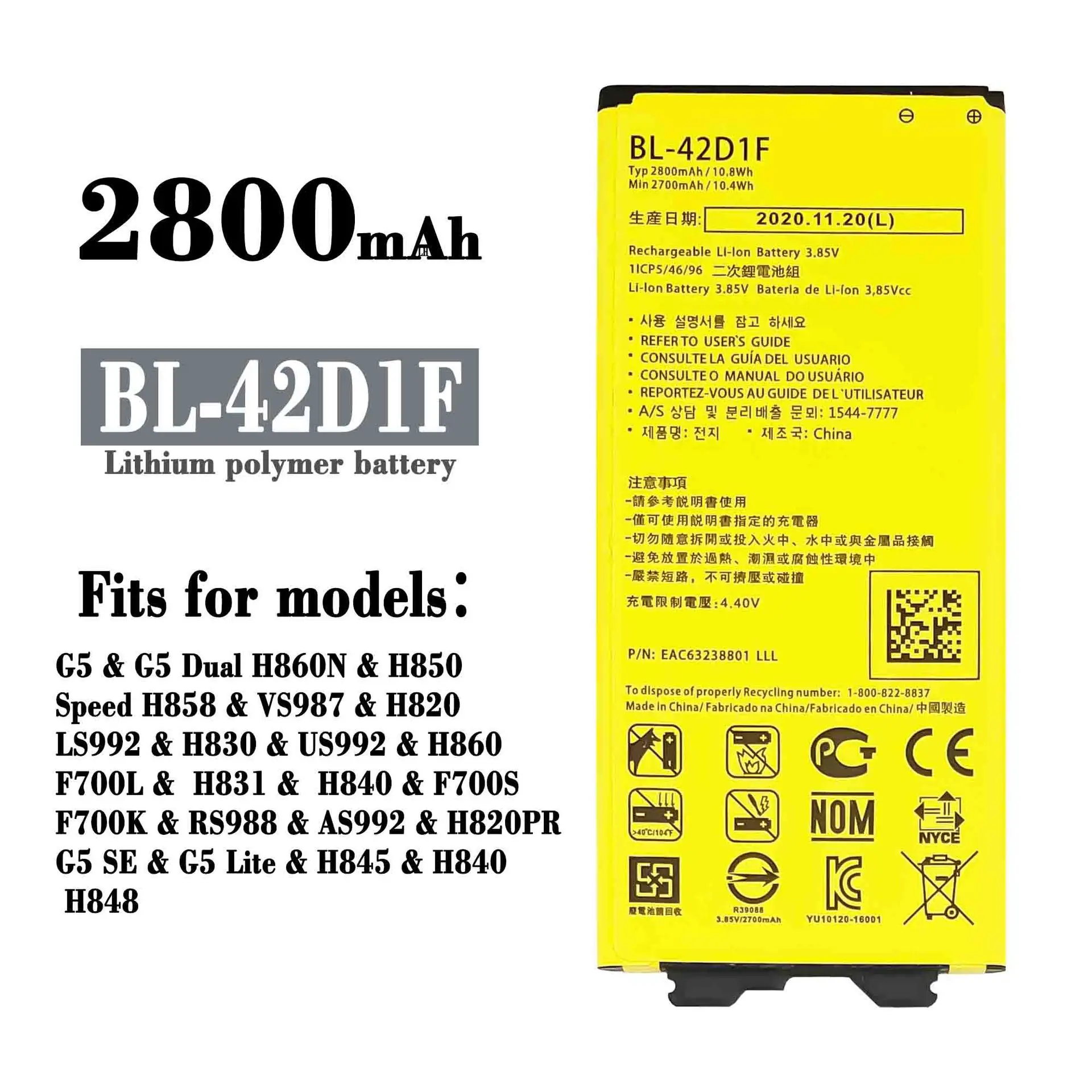 

100% Orginal High Quality Replacement Battery For LG G5 Dual H860N H850 Speed H858 VS987 BL-42D1F Mobile Phone 2800mAh Batteries