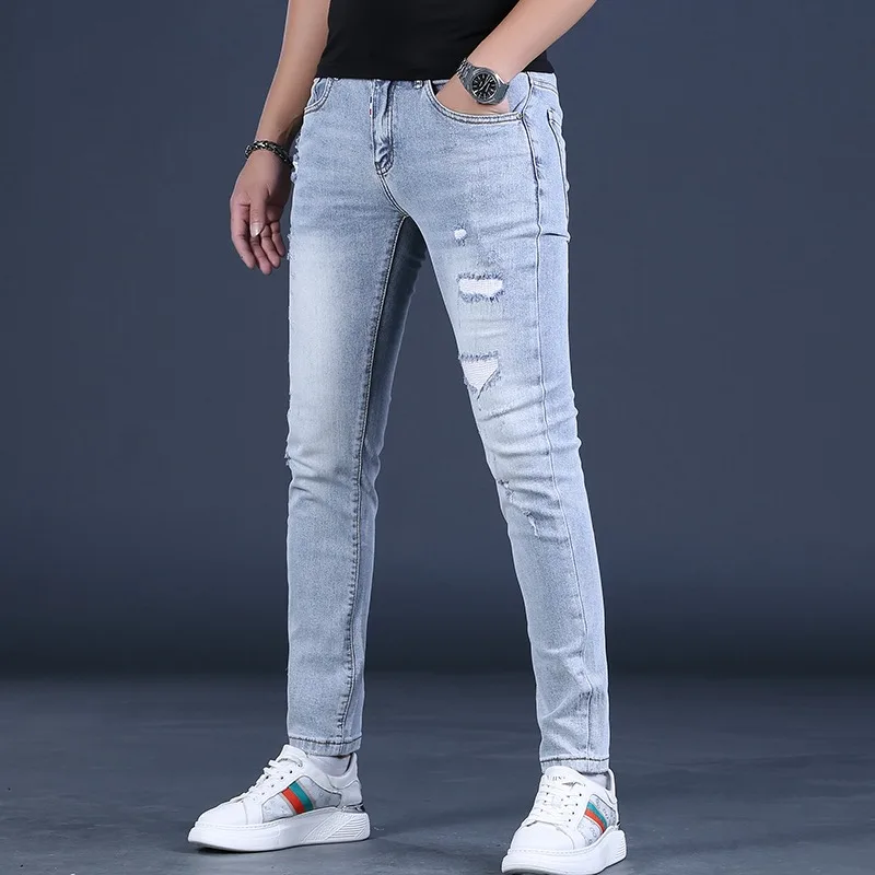 Summer Ripped Jeans Men Fashion Slim Fit Pencil Pants Streetwear Casual Lightweight Light Blue Denim Trousers