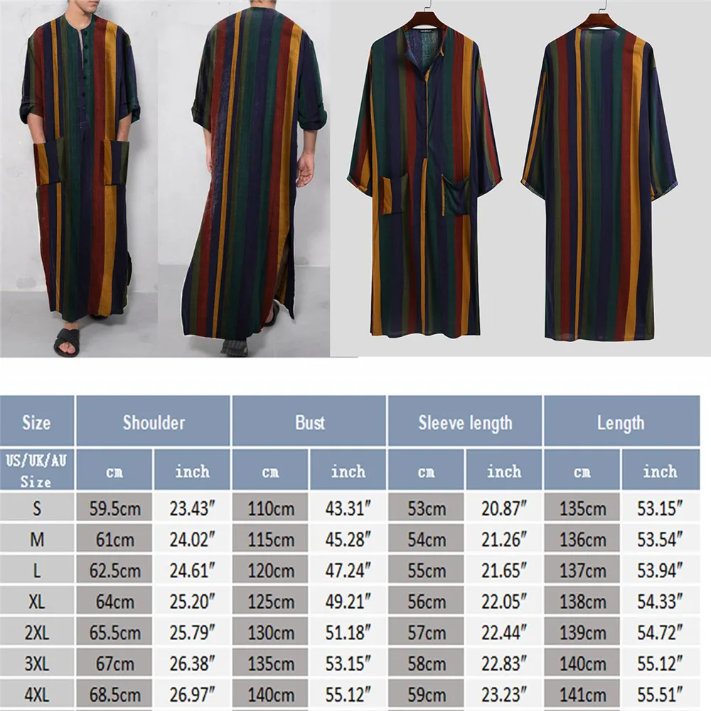 YUFEIDA Vintage Loose Muslim Caftan Robes Mens Long Sleeve Fashion Jubba Thobe Male Leisure Stripe Printed Islamic Clothing Robe
