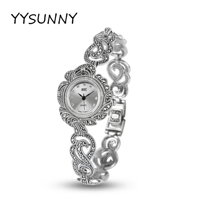 YYSUNNY Fashion Round Wrist Watch Leaf Style S925 Sterling Silver Ladies Elegant Openwork Bracelet for Gift Classic Jewelry