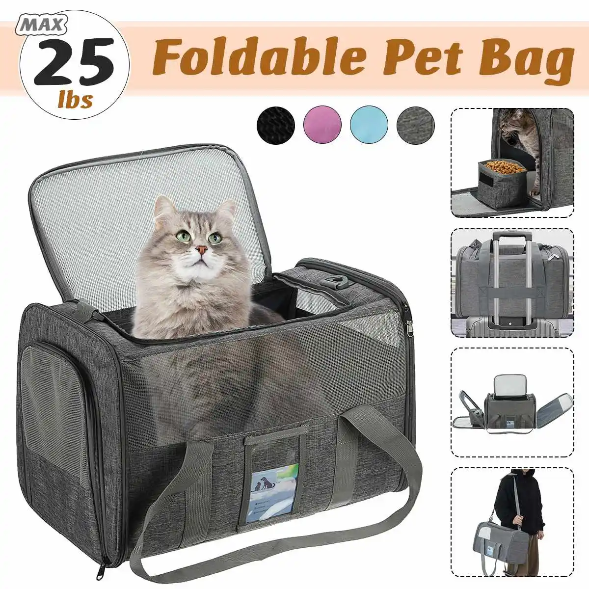 

Folding Fabric Pet Carrier Backpack Dogs And Cats Breathable Handbag Kennel Pet Cage with Locking Safety Zippers