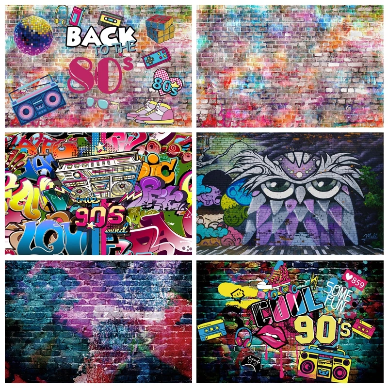 

Grunge Graffiti Brick Wall 80 90's Music Party Backdrop Baby Shower Portrait Photographic Background Photo Studio Photography