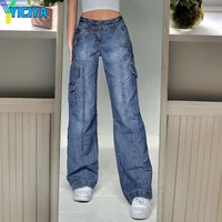yiciya harajuku cargo pocket patchwork jeans y2k high waist street 90s loose jeans straight mom denim trousers