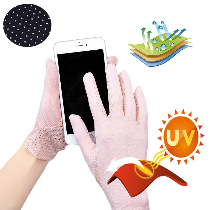 Fashion Ladies Summer Cotton Gloves Solid Color Print Dot Breathable Non-slip Sunshade UV Touch Screen Driving Gloves for Women