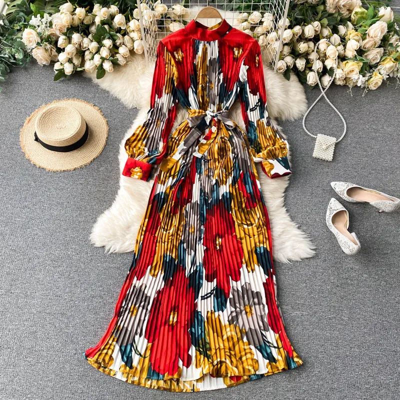

European Style Pleated Woman Dress Long Sleeve Spring Summer Vestido Casual Woman Dress