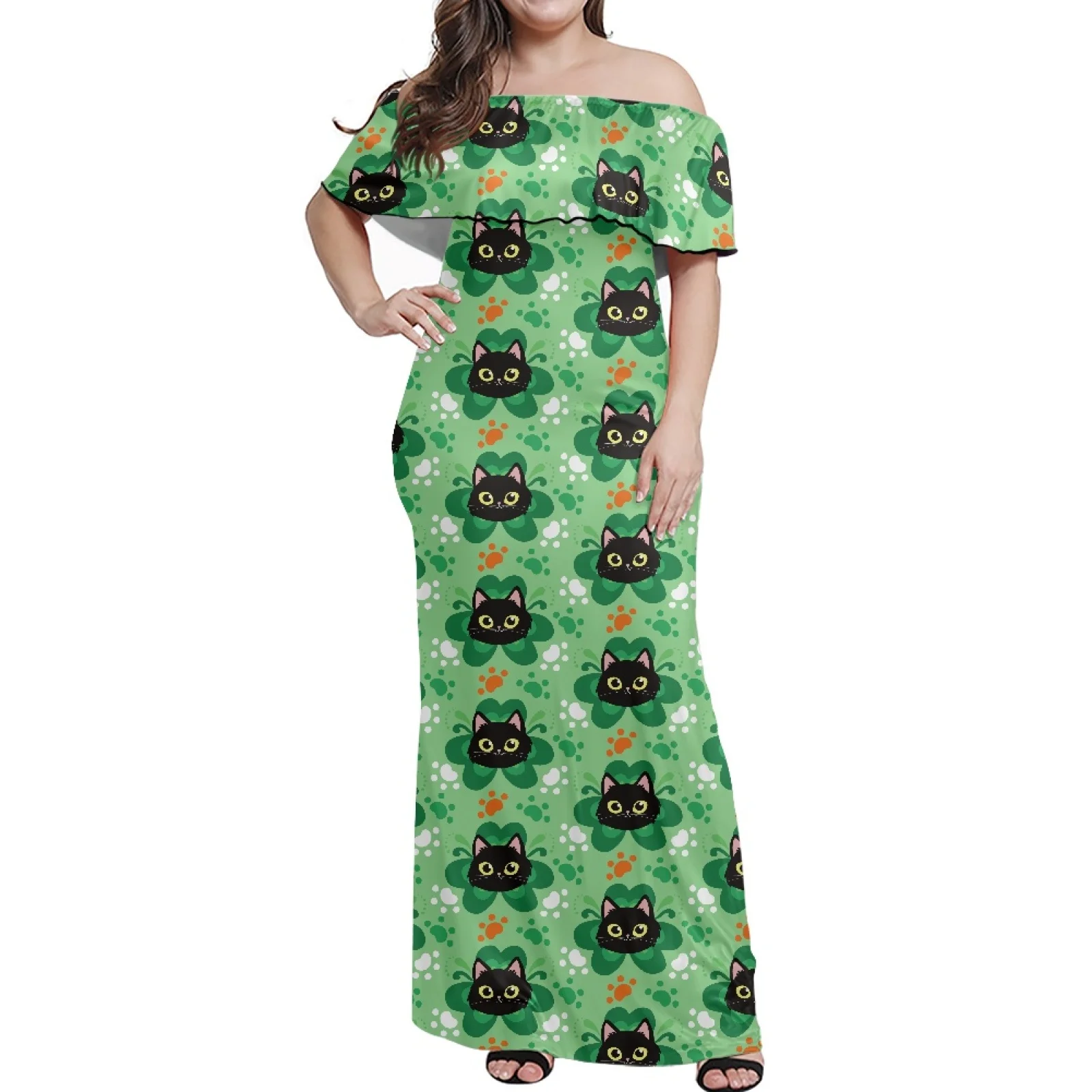 

Factory Direct Sales Women Orange Dresses Bodycon Clothing Ruffle One Shoulder Dress Polynesian Tribal Design HD Printed Dress