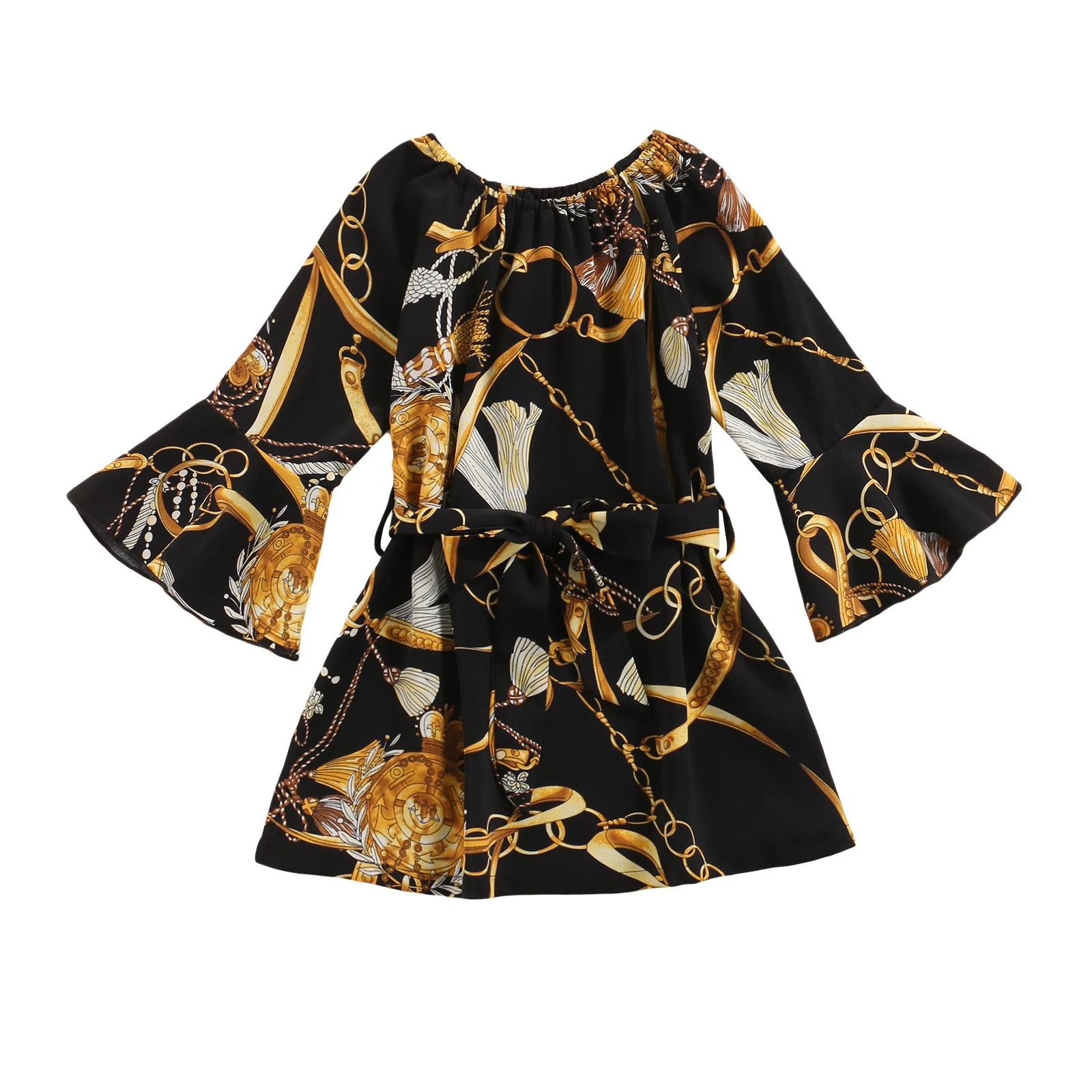 

Fashion Kids Girls Dress Belt 2pcs Off Shoulder Long Flare Sleeve Flowers Printed A-Line Dress 2-7Y Girls Clothes New