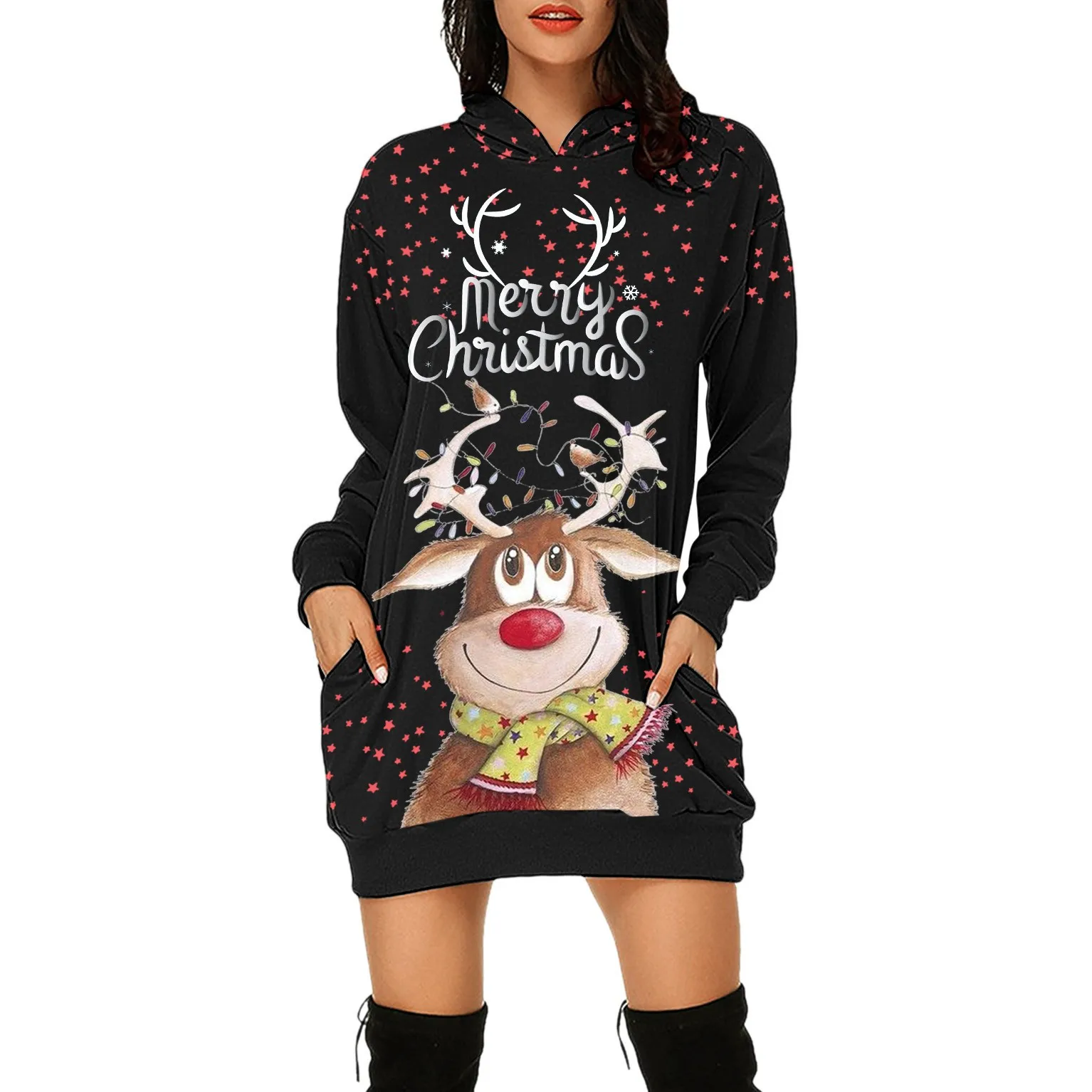 

Merry Christmas Dress Women's Christmas Printed Sweatshirt Bag Hip Dress Long Sleeve Hoodie Pullover 2023 New Year vestidos
