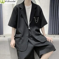 korean pop hip hop style elegant mens pants suit casual loose jacket blazer shorts two piece set handsome office sports suit