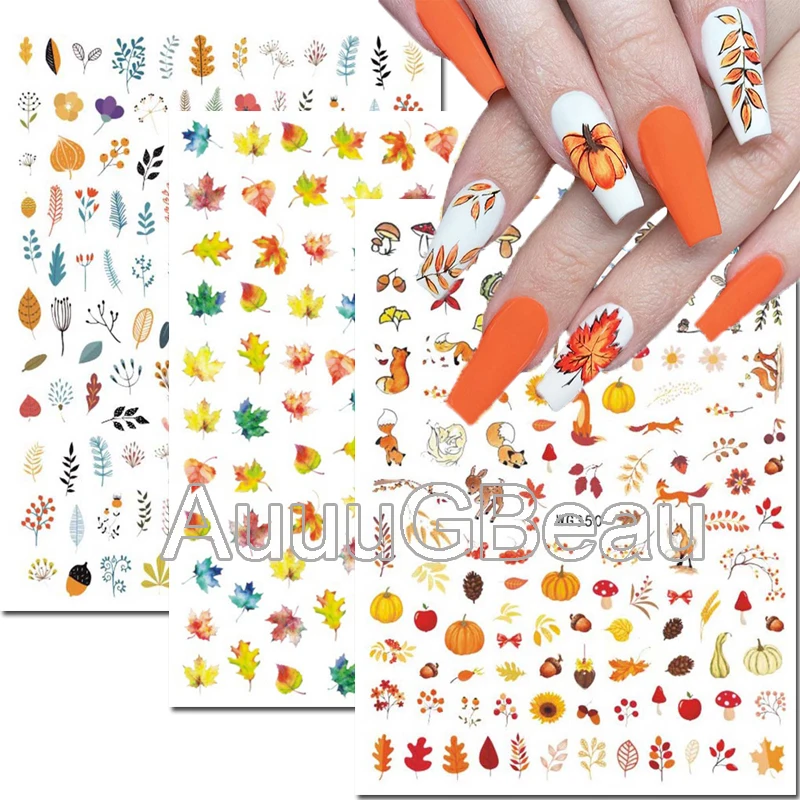 Nail Art Decals Autumn Halloween Pine Fruit Maple Leaf Pumpk