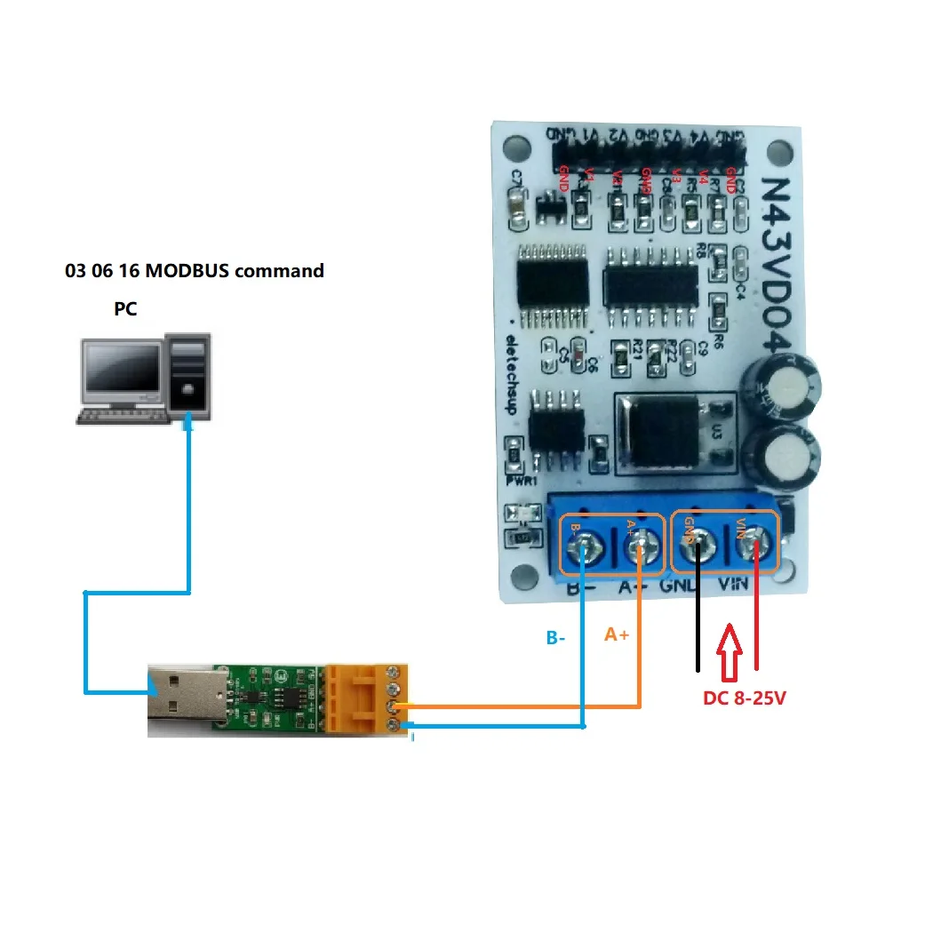 

4CH RS485 Modbus RTU ADC Module 4-20MA/0-5V/0-10V Current/Voltage Analog Acquisition Board