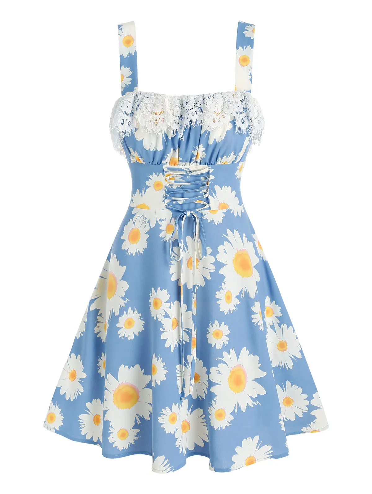 

Sleeveless A Line Mini Dress Flower Dress Floral Print Lace-Up Lace Insert Sleeveless Dress For 2022 Spring Summer Dresses
