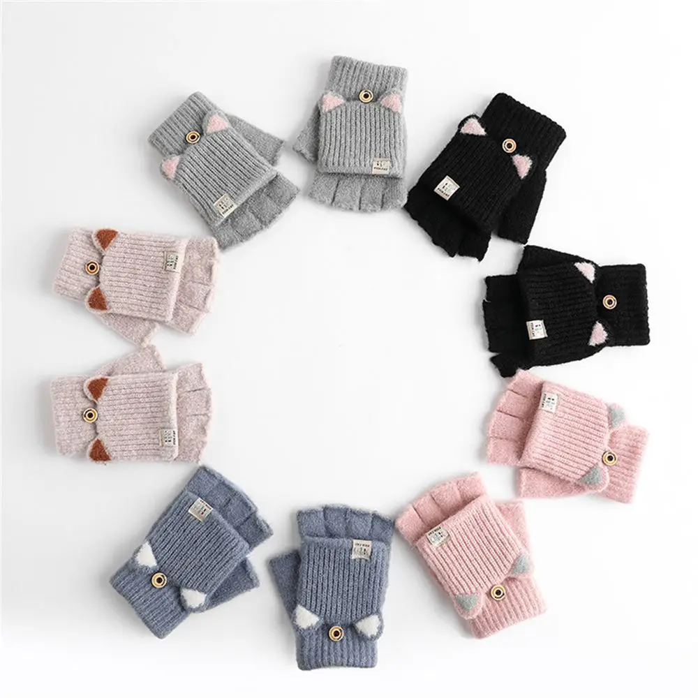 

Women's Fashion Cold Proof Knitted Apparel Accessories Winter Gloves Flip Cover Half-finger Cat Ears
