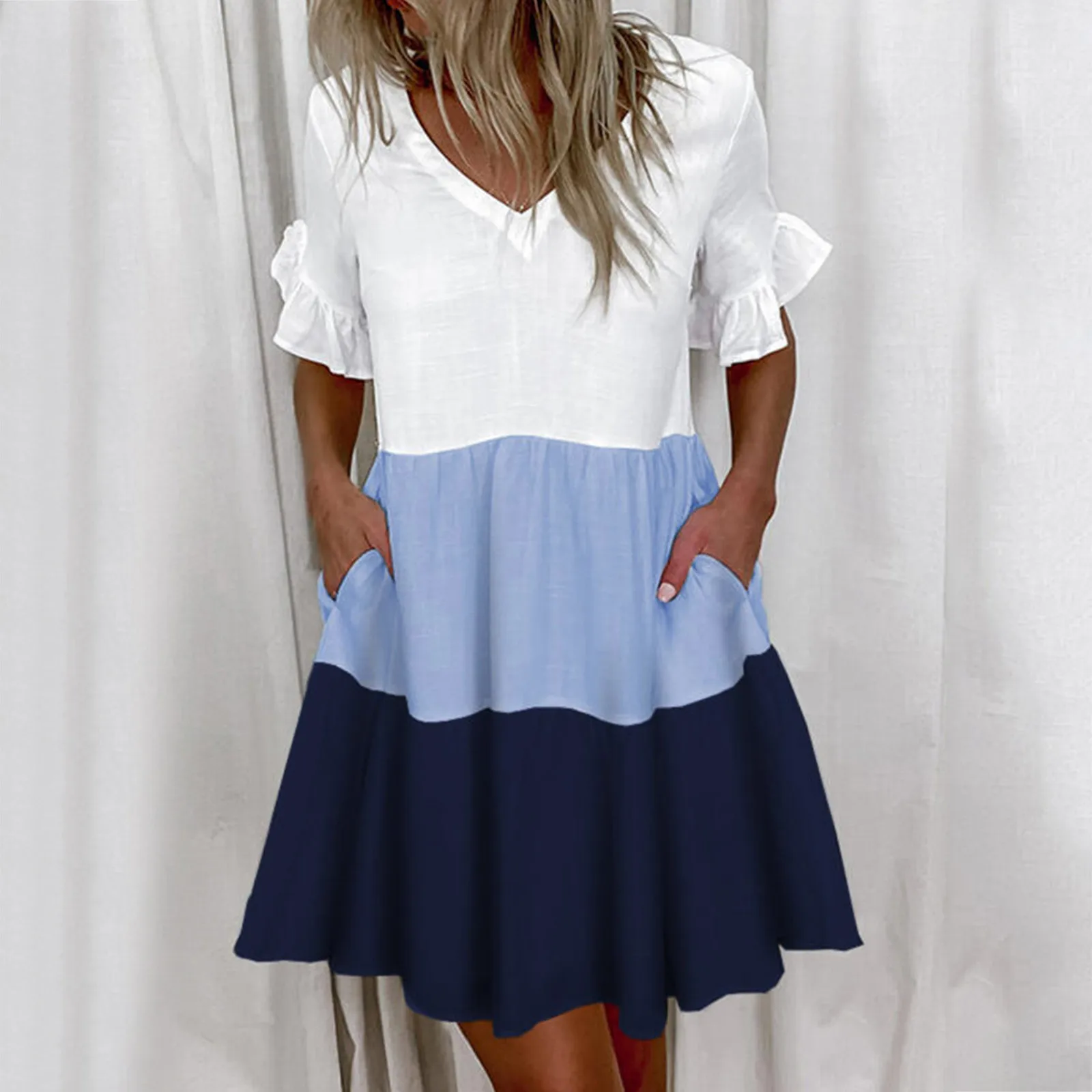 

Летнее пляжное платье мини с V-образным вырезом и оборками, модное женское Плиссированное короткое платье, повседневные летние платья