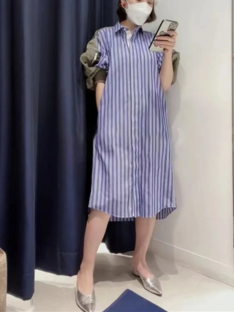 

Women's Striped Polo Collar Shirt Dress Contrast Color Patchwork 2022 Summer New Loose Short Puff Sleeve Midi Robe for Ladies