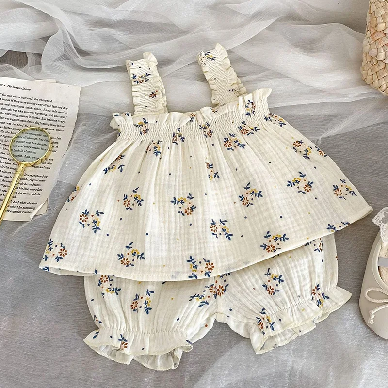 

Summer Toddler Baby Girl Clothes Suit Sleeveless Cotton Flower Printed Vest+Shorts Newborn Baby Girls Clothing Set