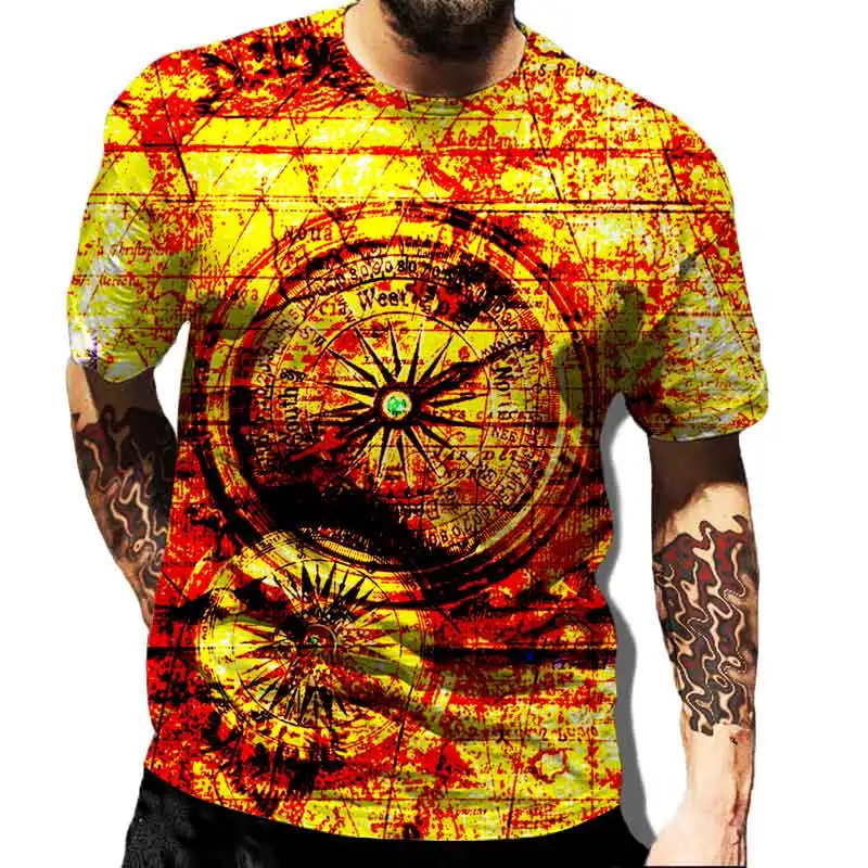 

Creative Compass Graphic Men's T-shirt Personalized Retro Print Men's Short Sleeve Harajuku Oversize O-Neck Clothing Casual Top