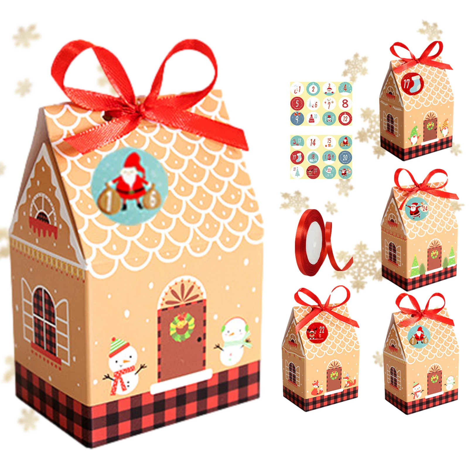 

24Pcs Christmas Kraft Paper House Shape With Ropes Candy Gift Bags Cookie Bag Packaging Boxes Christmas Tree Pendant Party Decor