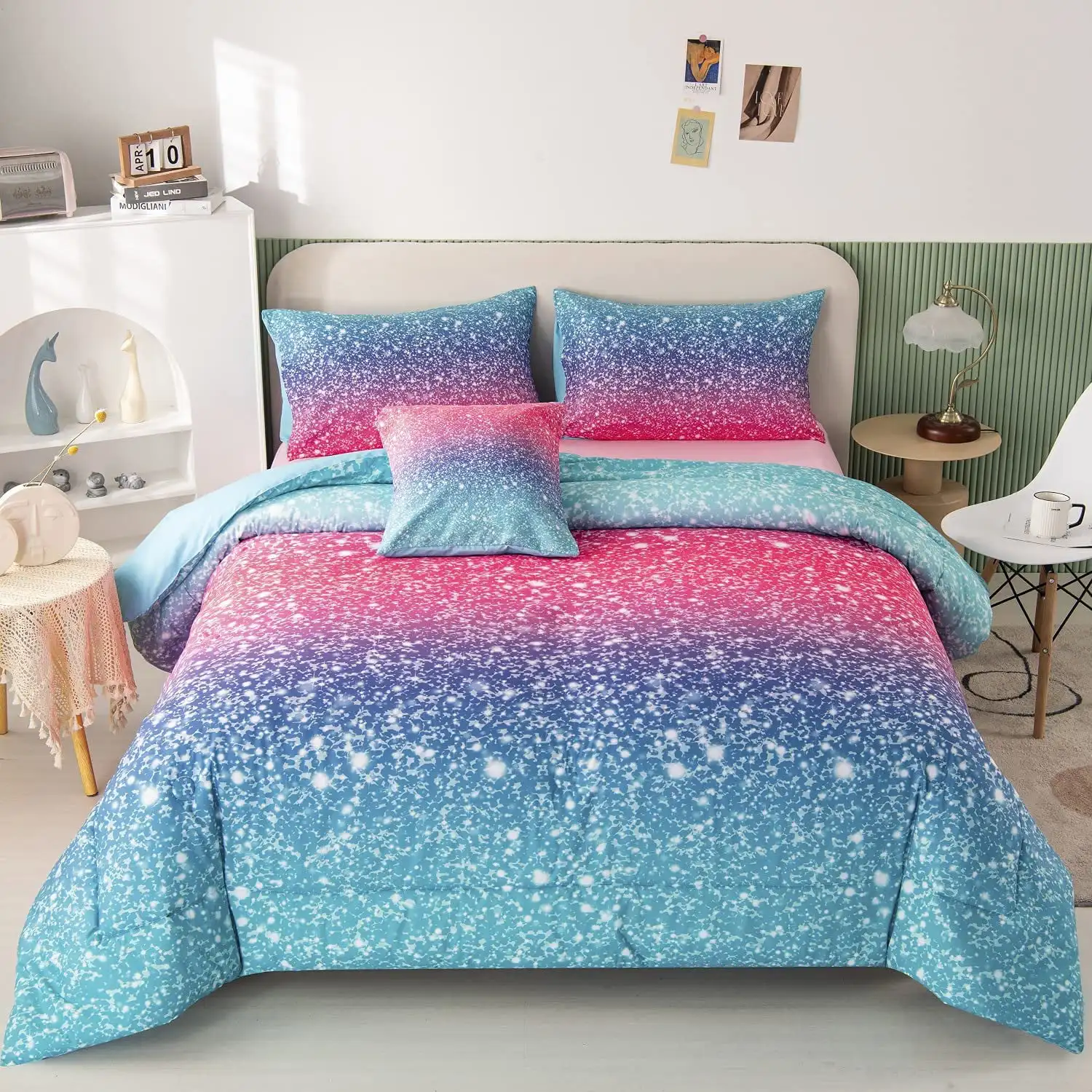 

6Pcs Gradient Glitter Comforter Sets for Kids Teen Girls Twin Size Colorful Rainbow All-Season Coverlet Set Ultra Soft Bedding C