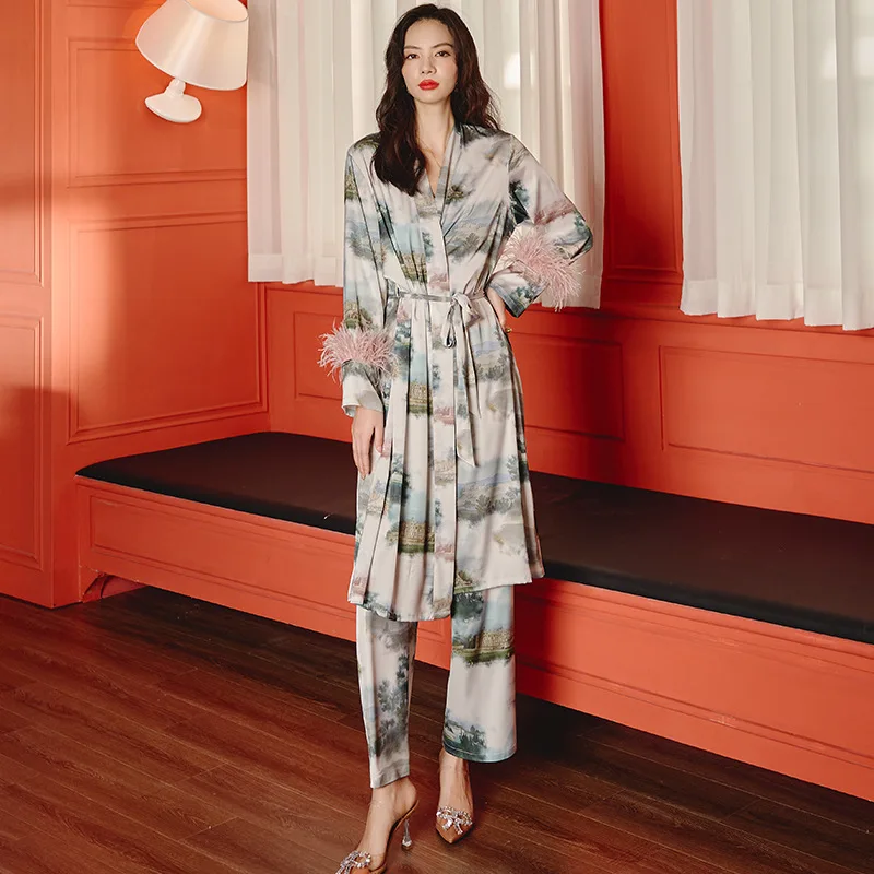 New Pajamas Women Long Sleeve Feather Ladies Ice Silk Satin Three Piece Homewear pijamas women