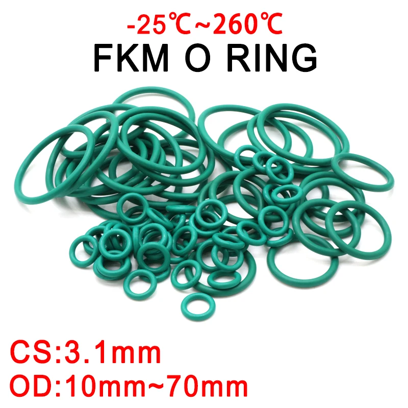 

10pcs CS3.1mm OD 10~70mm Green FKM Fluorine Rubber O Ring Sealing Gasket Insulation Oil High Temperature Resistance Green