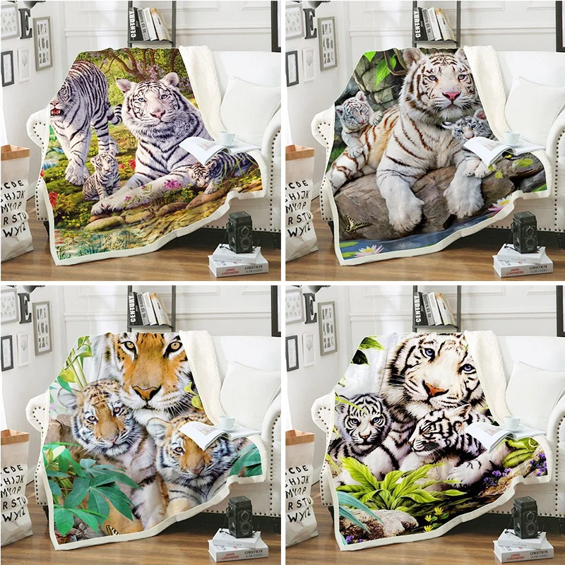 

3D White Tiger Print Blanket Fleece Flannel Throw Blanket Soft Fluffy Blanket for Sofa Hiking