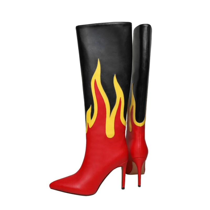 New Fashion Women's Boots Pointed Toe Stiletto Heel Flame Pattern Red Thigh High Boots Colored Painted Knee Length Boots Size44