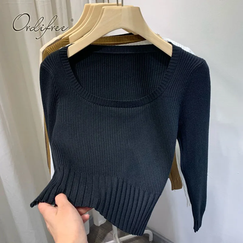 Женский трикотажный пуловер Ordifree короткий базовый свитер с длинным рукавом