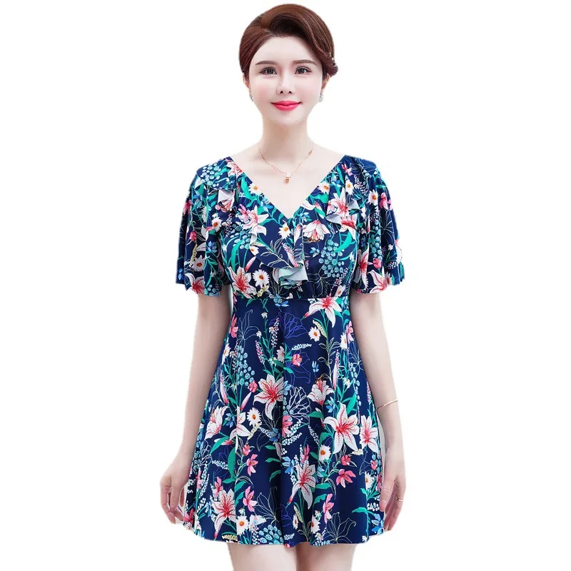 One-piece Swimsuit Ladies Mother Wear Hot Spring Skirt-style Belly-covering Plus Fat Middle-aged and Elderly Swimsuit Women