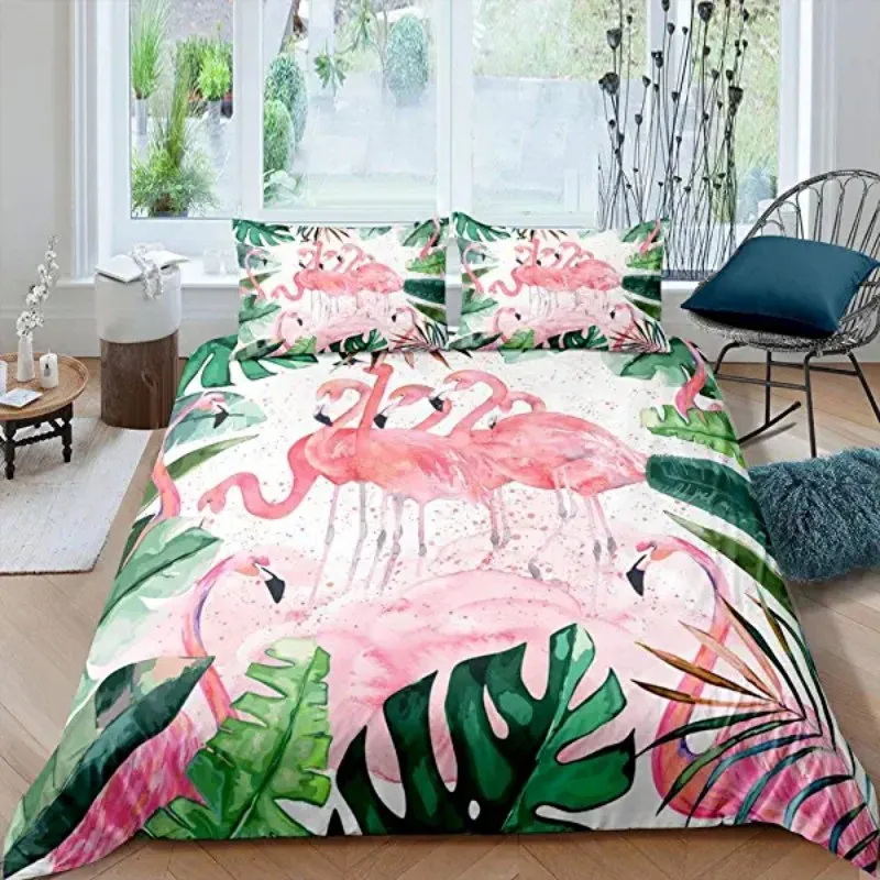 

Flamingo Duvet Cover Palm Leaf King Size Toucan Flamingos Duvet Cover Girls Boy Adult Tropical Botanical Leaves for Living Room