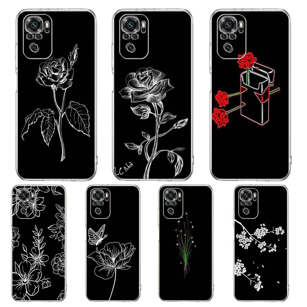 

Black Flower Phone Case Cover for Redmi Note 10 11 12 7 8 8T 9 K40 Gaming 9A 9C Pro Plus Transparent Silicone Shell