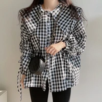 deeptown vintage plaid shirt checkered blouse women korean style peter pan collar black top singer 2022 kawaii button up clothes