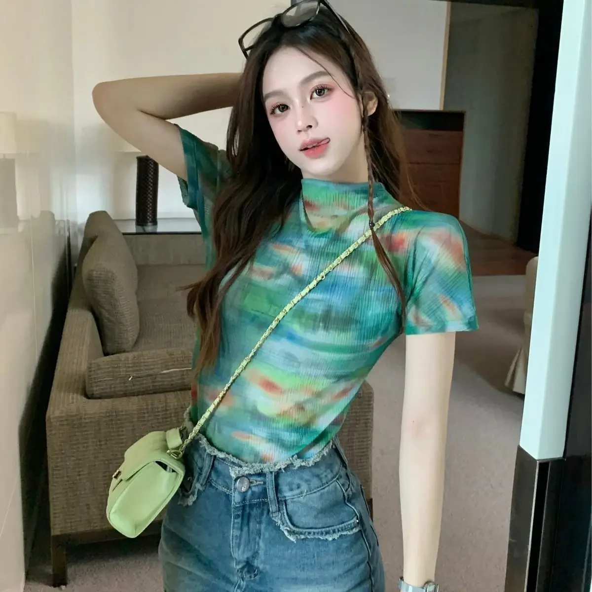 Полуводолазка с коротким рукавом Tie Dye Green Gradient Тонкая эластичная сетчатая