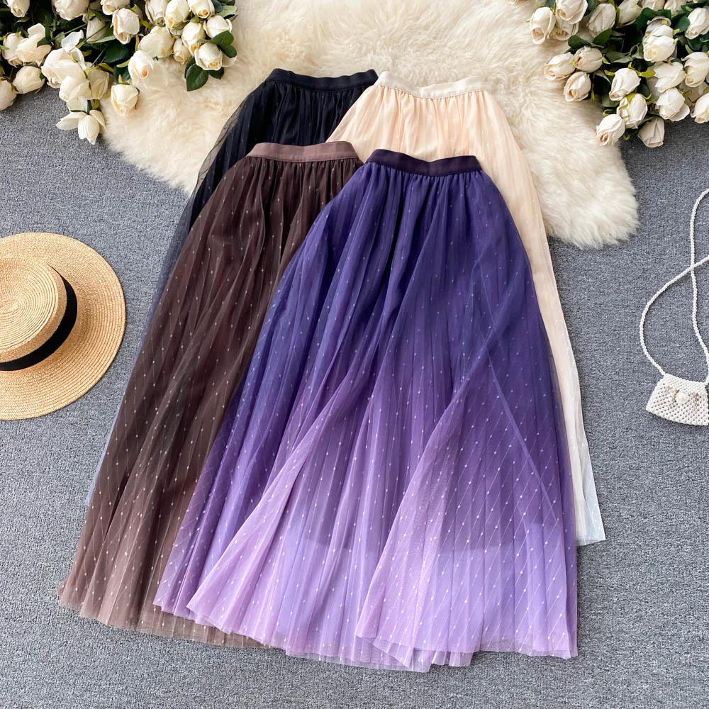 

New Fashion Women Spring Summer Mesh Gradient Starry Sky Skirt High Waist Casual Skirts Clothes E948