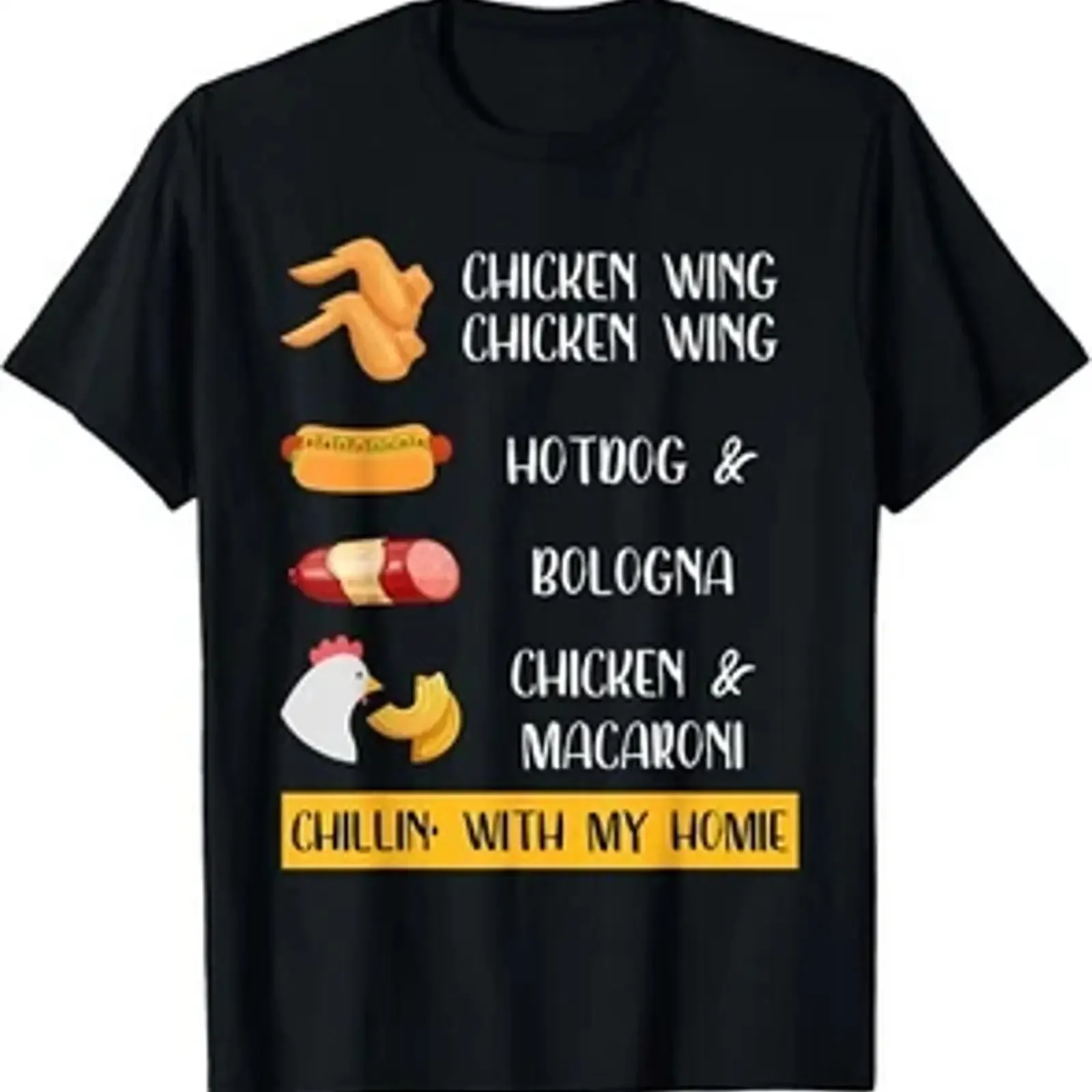 Фото Винтажная футболка с принтом «Viral Chicken Wing Hot Dog Bologna Song Lyrics», с эффектом потертости, стильная, дышащая, мягкая, дизайнерская одежда для мужчин №1