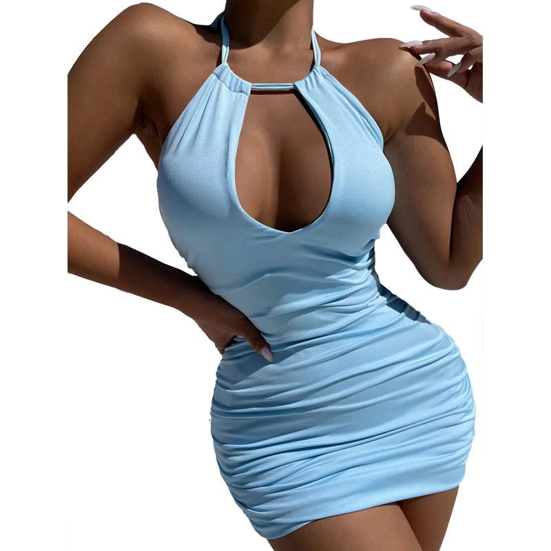 

Halter Hollow Dress Women Sleeveless Backless Skinny Outfits Summer New Solid Draped Sexy Beach Style Short Dress Vestidos 2022