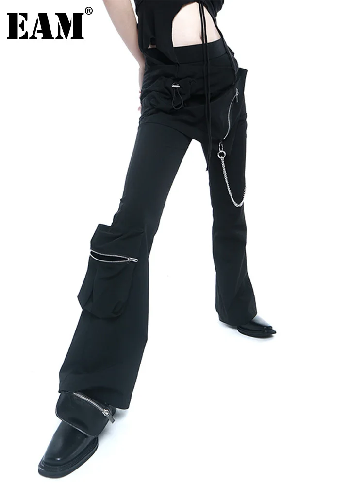 [EAM] High Waist Black Chain Pocket Long Wide Leg Trousers New Loose Fit Pants Women Fashion Tide Spring Autumn 2023 1DE7671