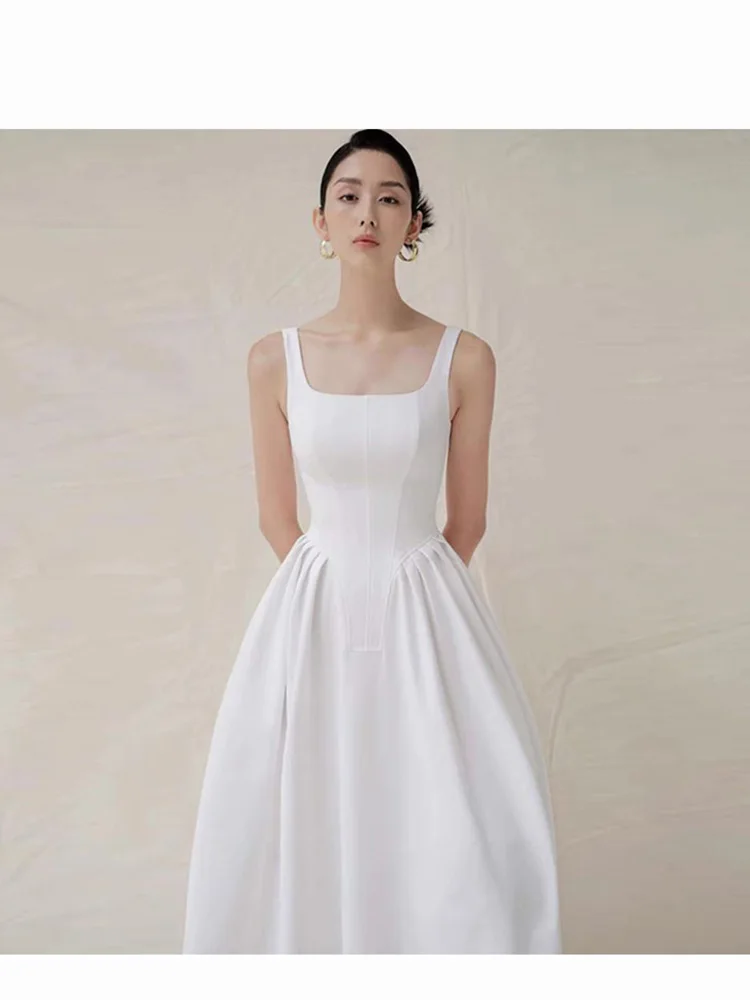French sle Hepburn Sle White Square Collar Dress Sleeveless Vest Temperament Design Vietnam Skirt Summer