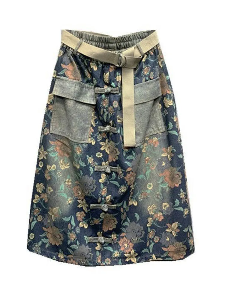 Max LuLu 2022 New Design Women Vintage Denim Printed Flowers Skirt Ladies Elastic Long Skirts Girl A-Line Elegant Casual Clothes images - 6