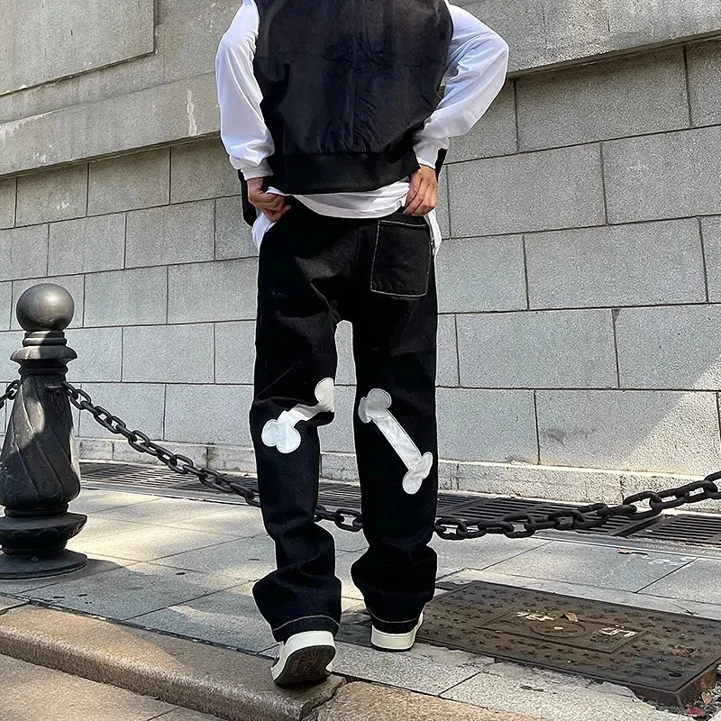 Skeleton Embroidery Printed Gothic Trend Fashion Goth Hip Hop S-3XL Y2K Streetwear Black Baggy Jeans Straight Trousers Jeans Man